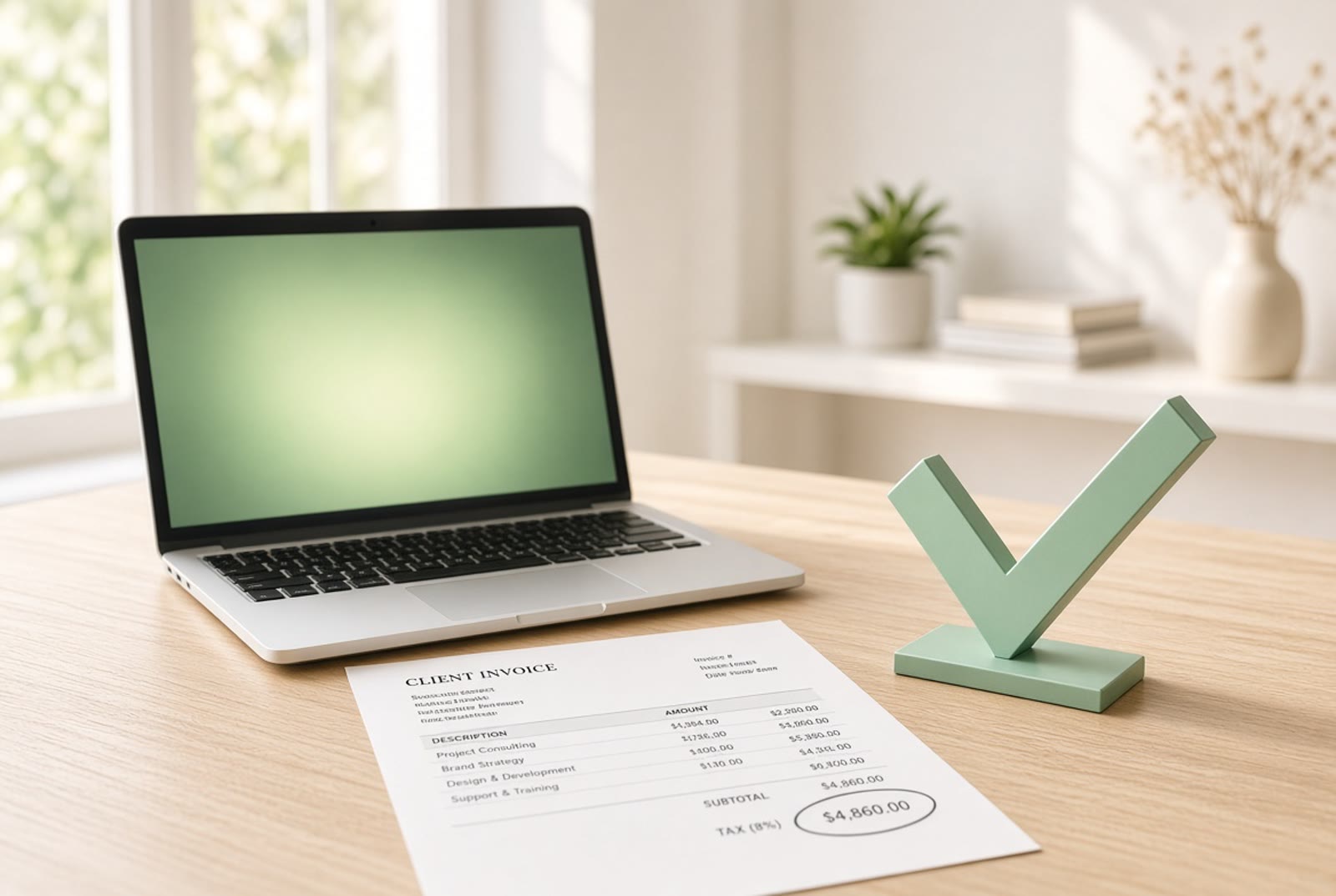Photorealistic scene: a modern laptop on a sunlit desk, illustrative imagery, not a customer or result